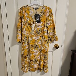 Mustard Floral Tie-Front Midi Dress with Puff Sleeves